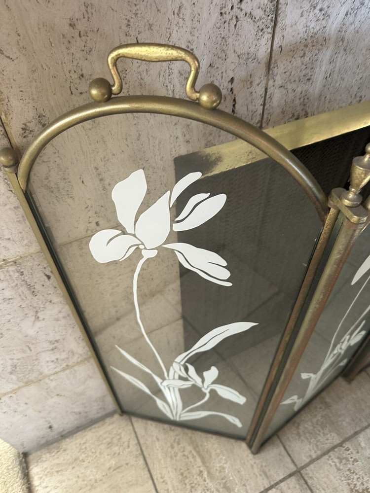 Vintage Glass Fireplace Screen And Tools