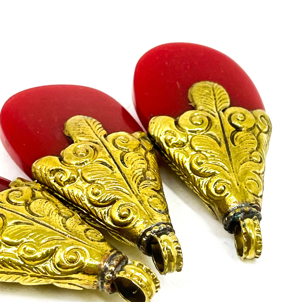3 Red Tibetan Brass Repousse Pendants