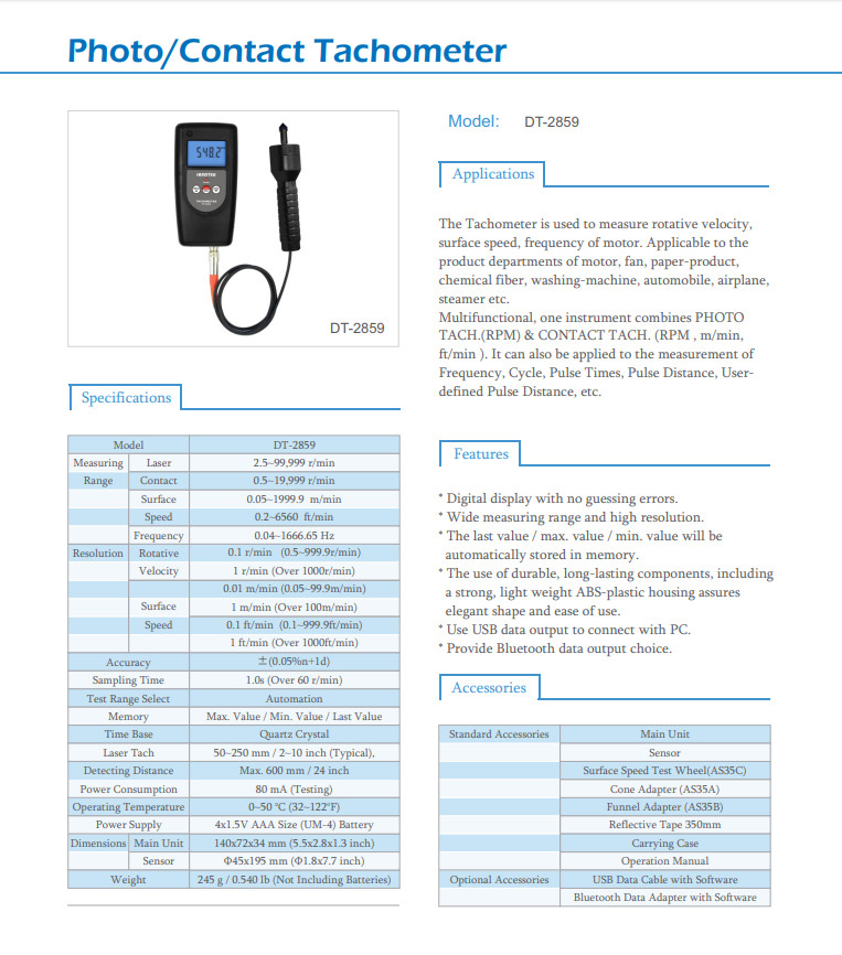 LANDTEK DT-2859 Digital Tachometer rotative velocity surface speed frequency