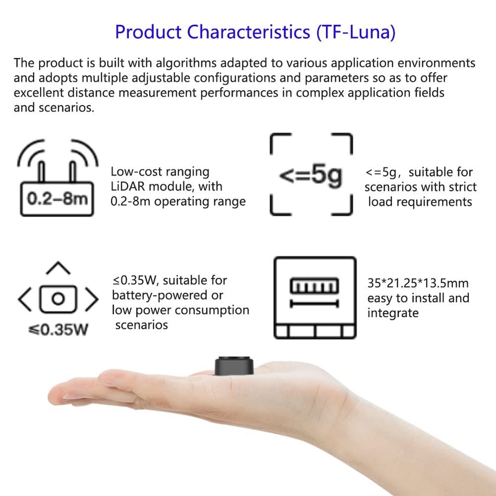 TF-Luna LiDAR Range Finder Sensor 0.2m-8m Single-Point Ranging Module UART/I2...