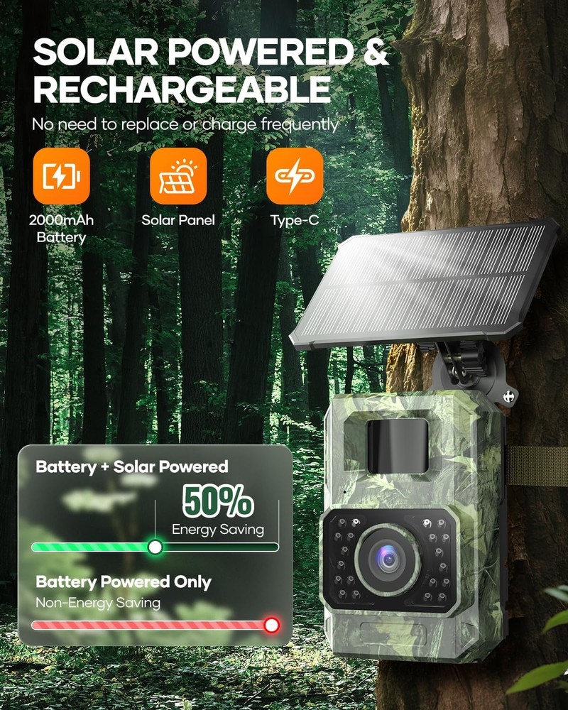 Solar Trail Camera 48MP 30FPS, Wifi Bluetooth Game Camera with Motion Activated