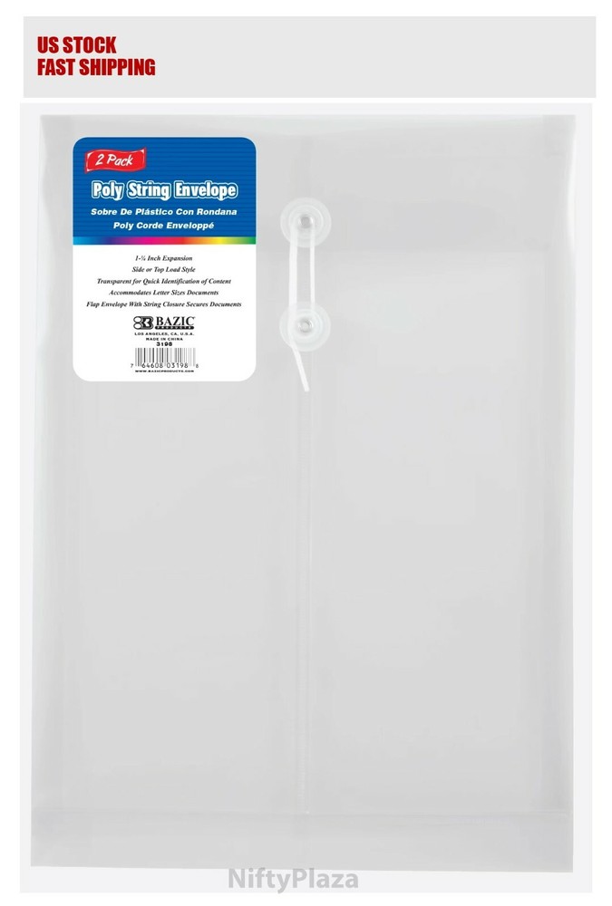 Clear Top / Side Loading Letter Size String Envelope 2/Pack 1-1/4 inch expansion
