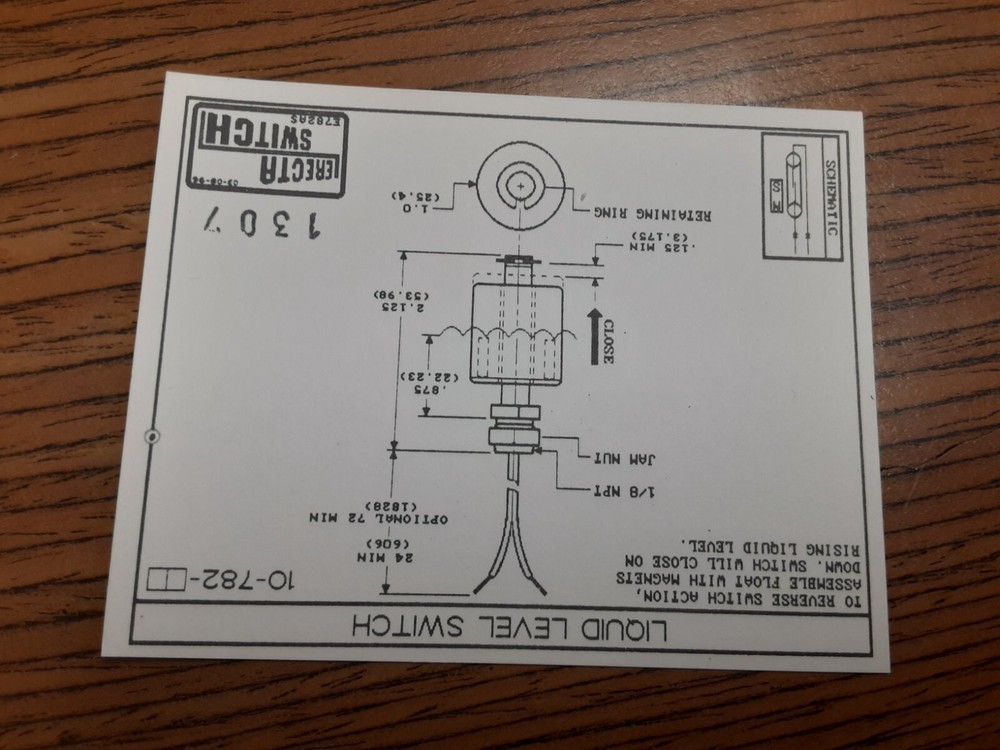 Electra Switch COMPAC ENGINEERING 10-782-PP Liquid Level Switch Polypropylene