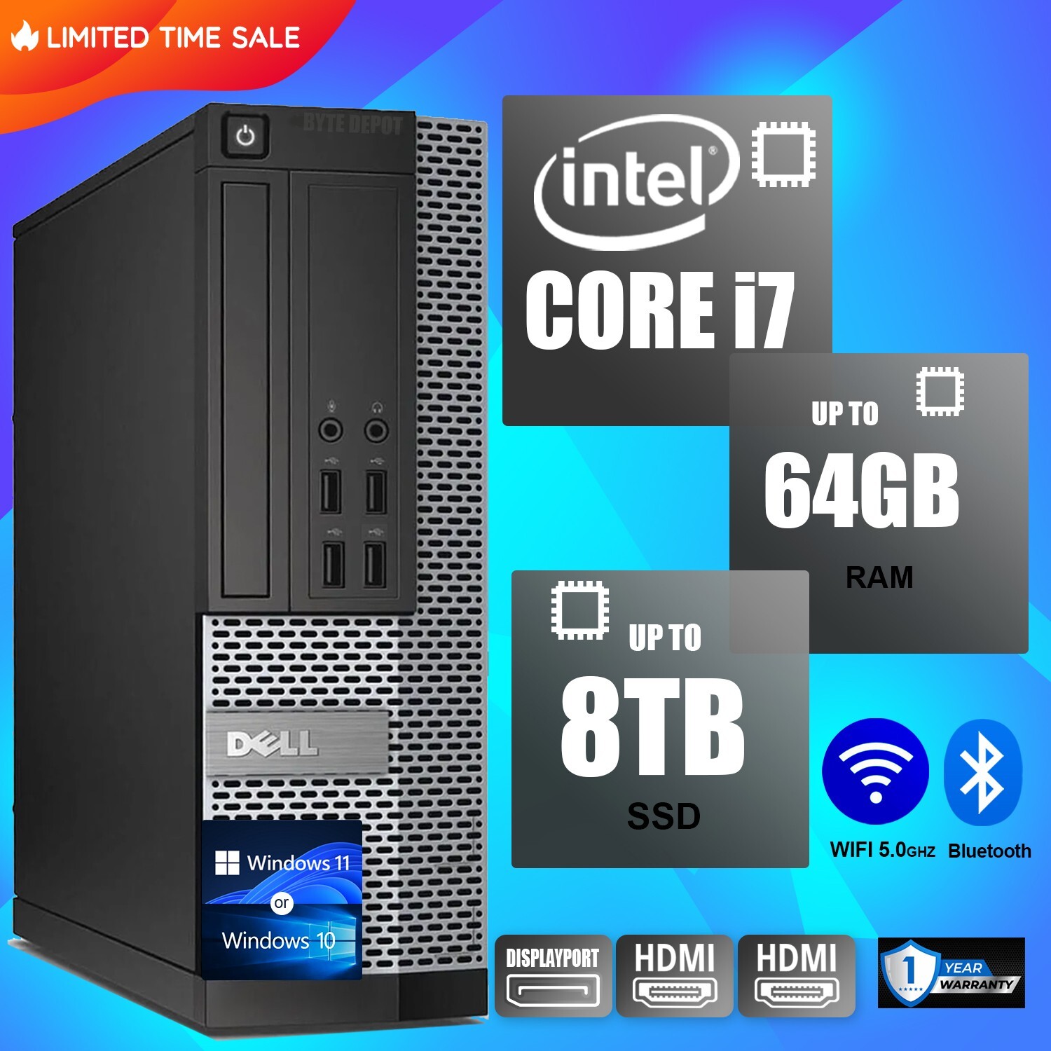 DELL Desktop Computer PC i7, up to 64GB RAM, 8TB SSD, Windows 10/11 , WiFi