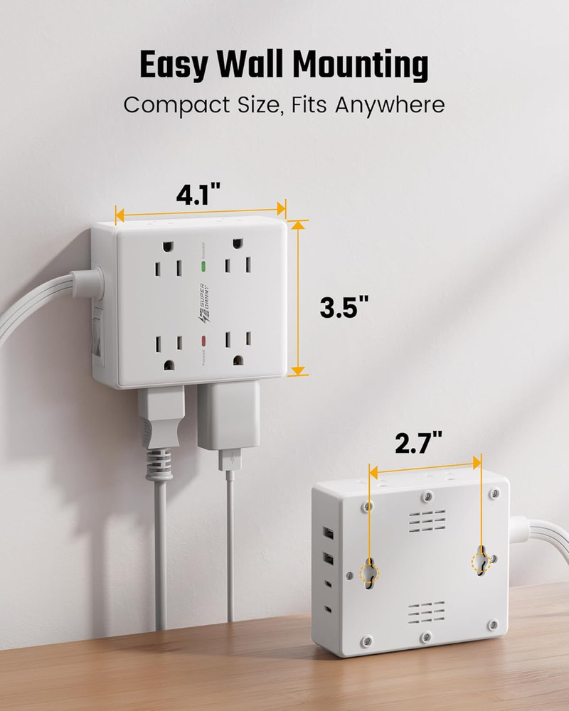 10Ft Extension Cord with Multiple Outlets, Flat Plug Surge Protector Power Strip
