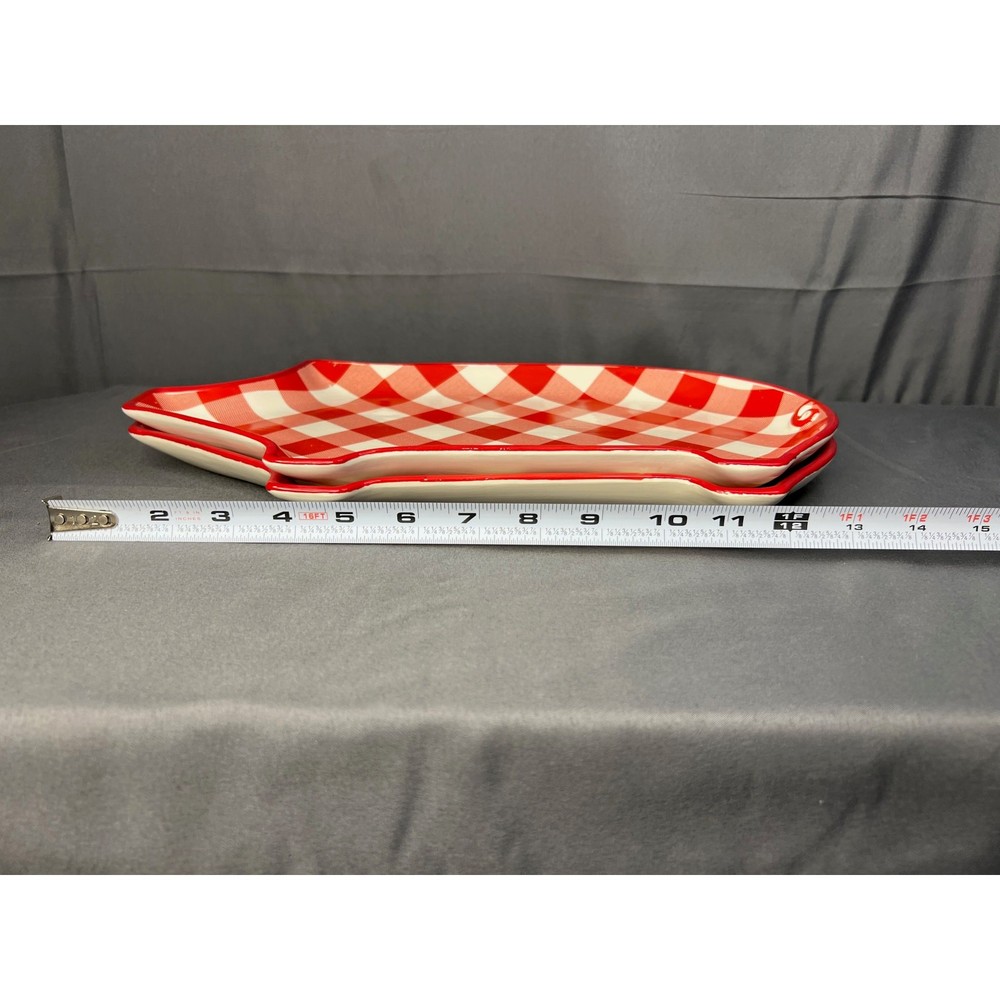 Set of 2 Ceramic Pig Plates Red Gingham Pattern