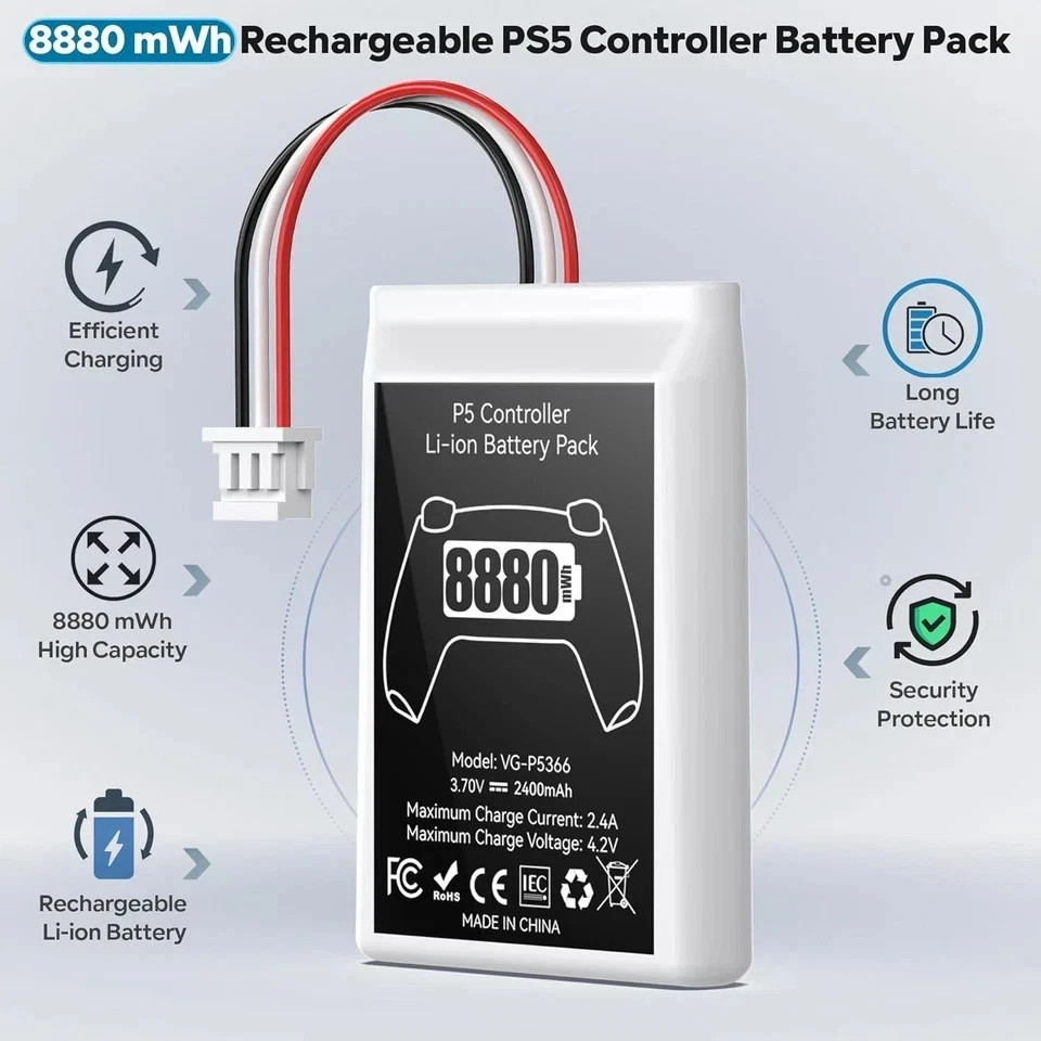 2 Pack PS5 Controller Battery Replacement 8880mWh High Capacity Rechargeable