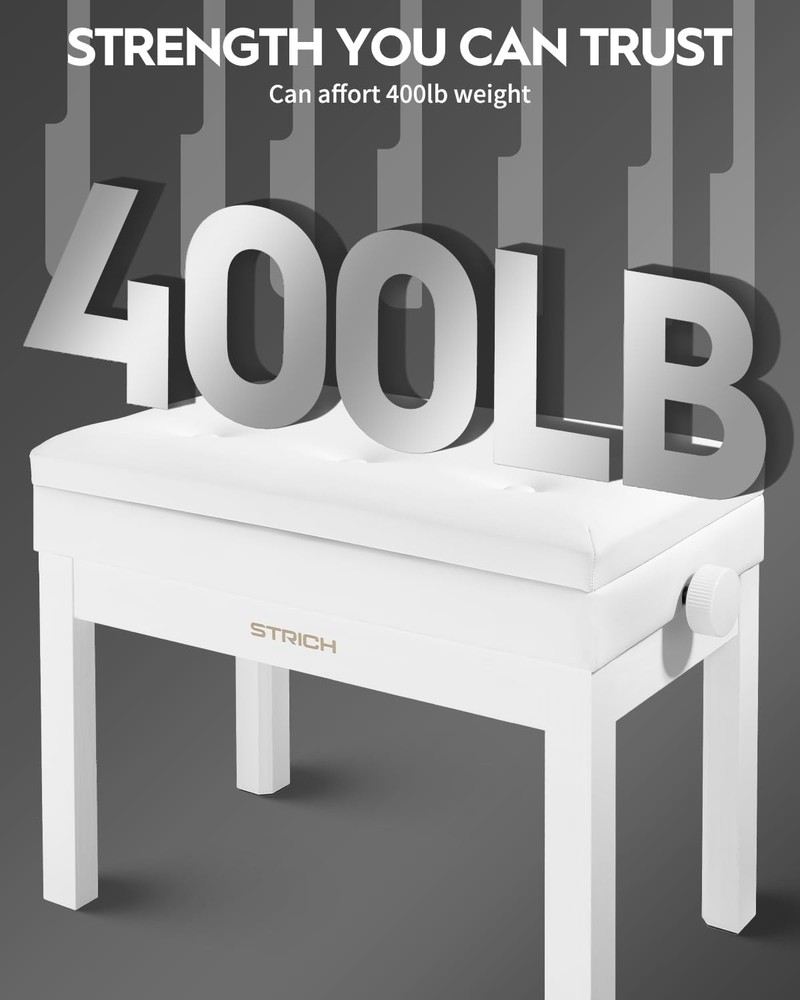 STRICH Adjustable Cushioned Piano Bench w/ Storage (WHITE)