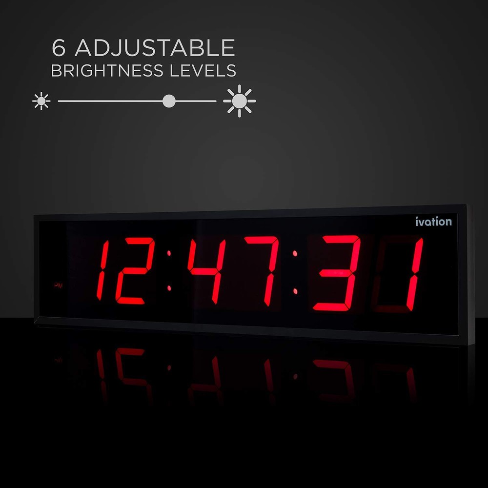 Ivation 24" Large Digital Wall Clock, 6-Level Brightness, LED Wall Clock, Red