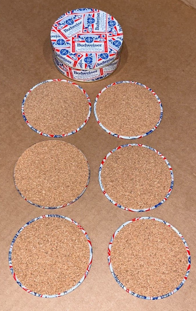 BUDWEISER BEER TIN / WITH 6 TIN COASTERS (Excellent Condition)
