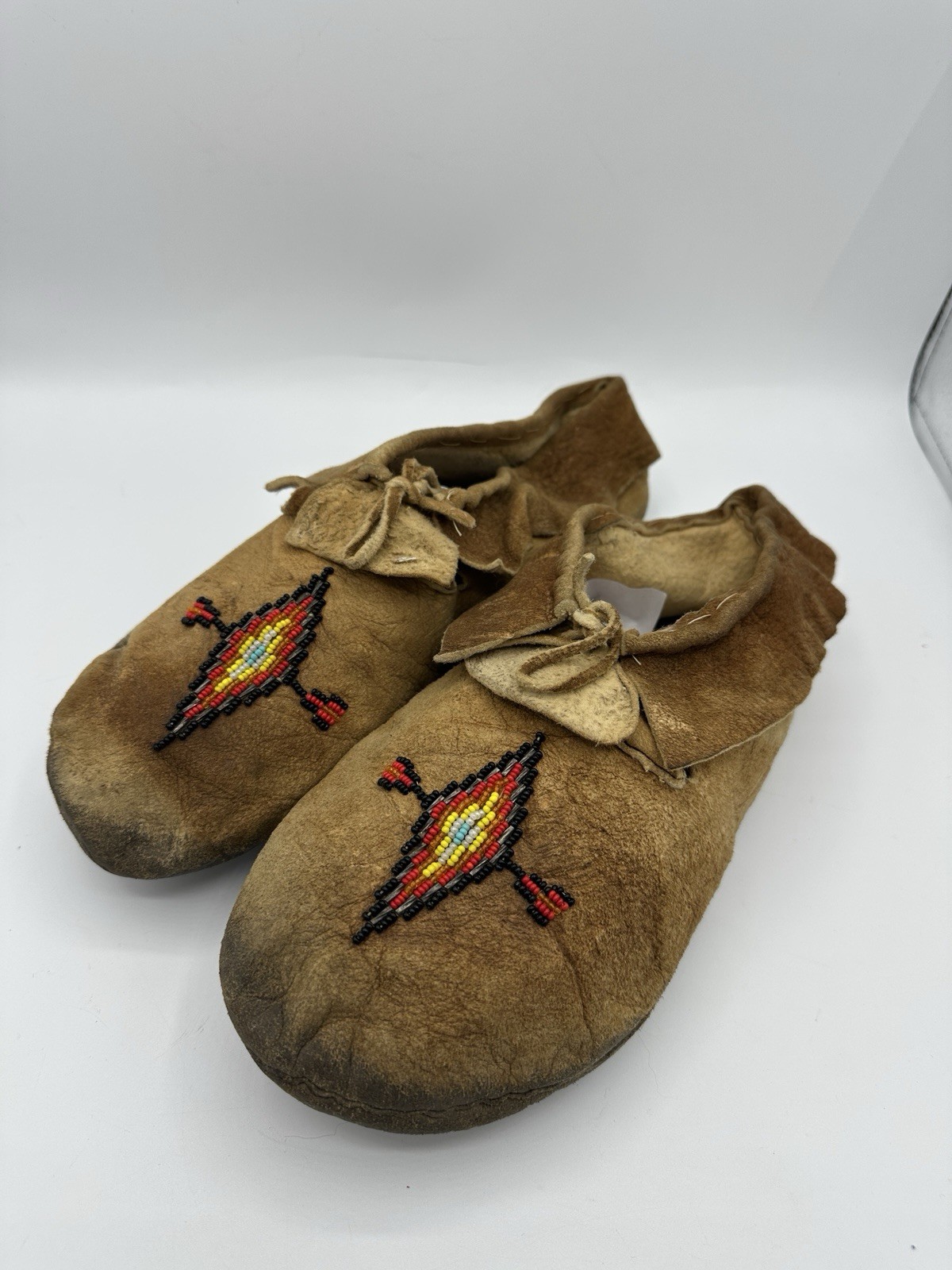 Vintage Beaded Leather Moccasins Handmade Native American Style Brown Shoes