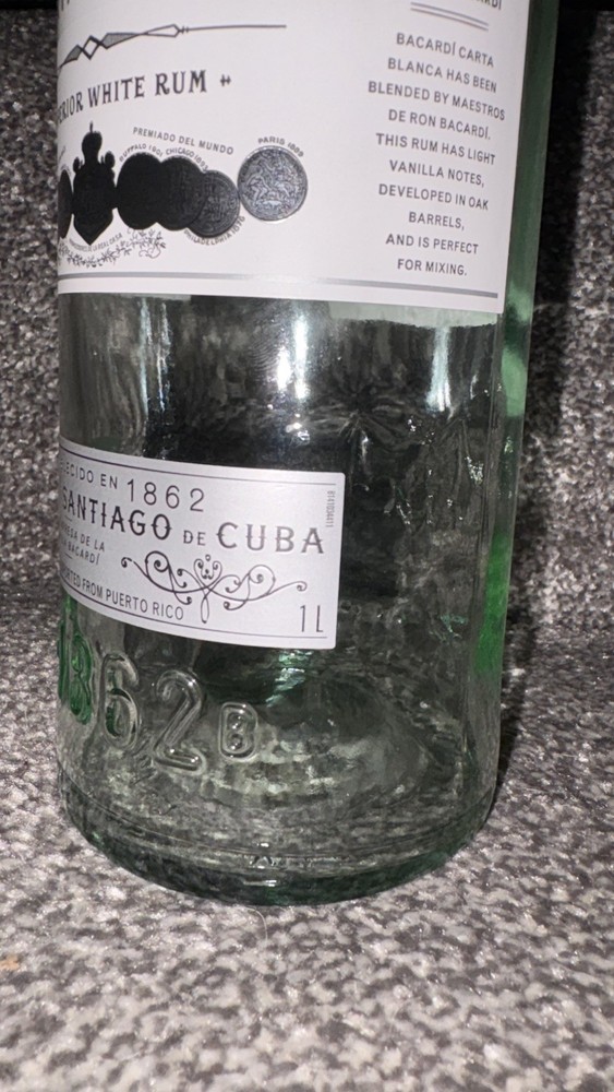 Bacardi White Rum - Empty Glass Bottle - 1 Litre / 1000ml