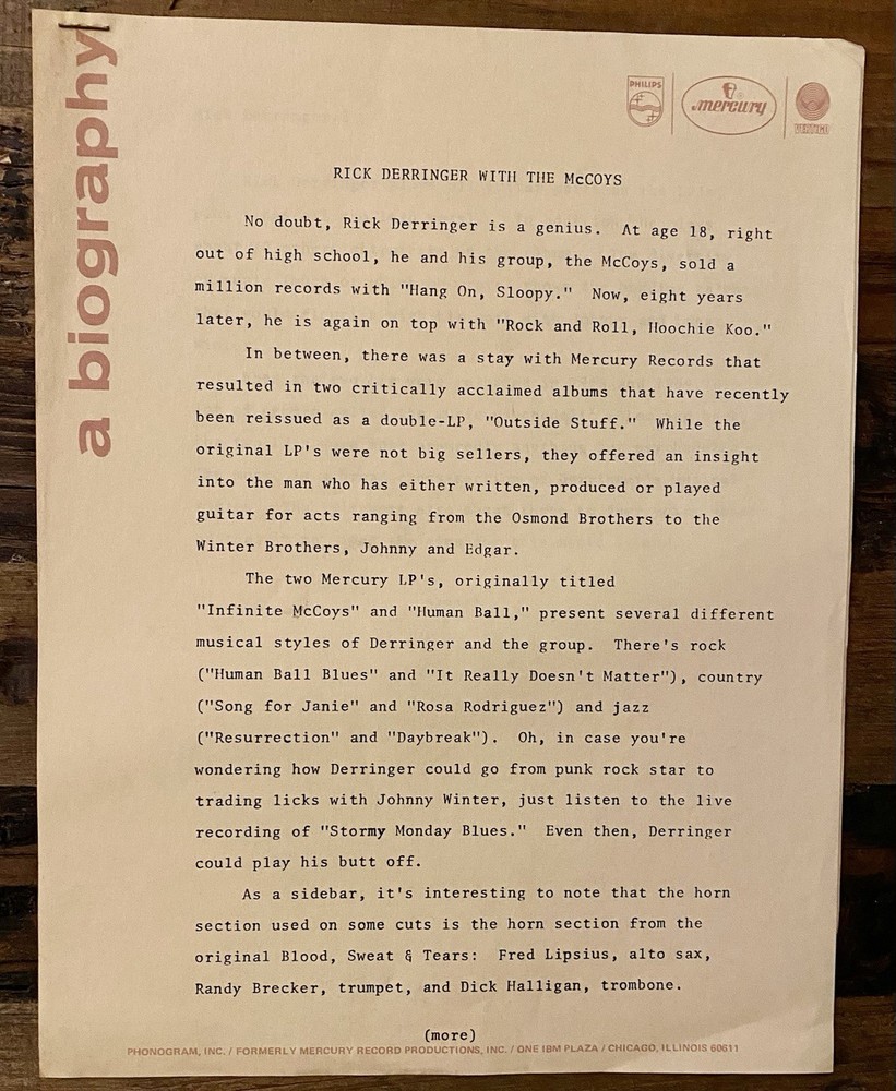Rick Derringer 1972 Press Kit