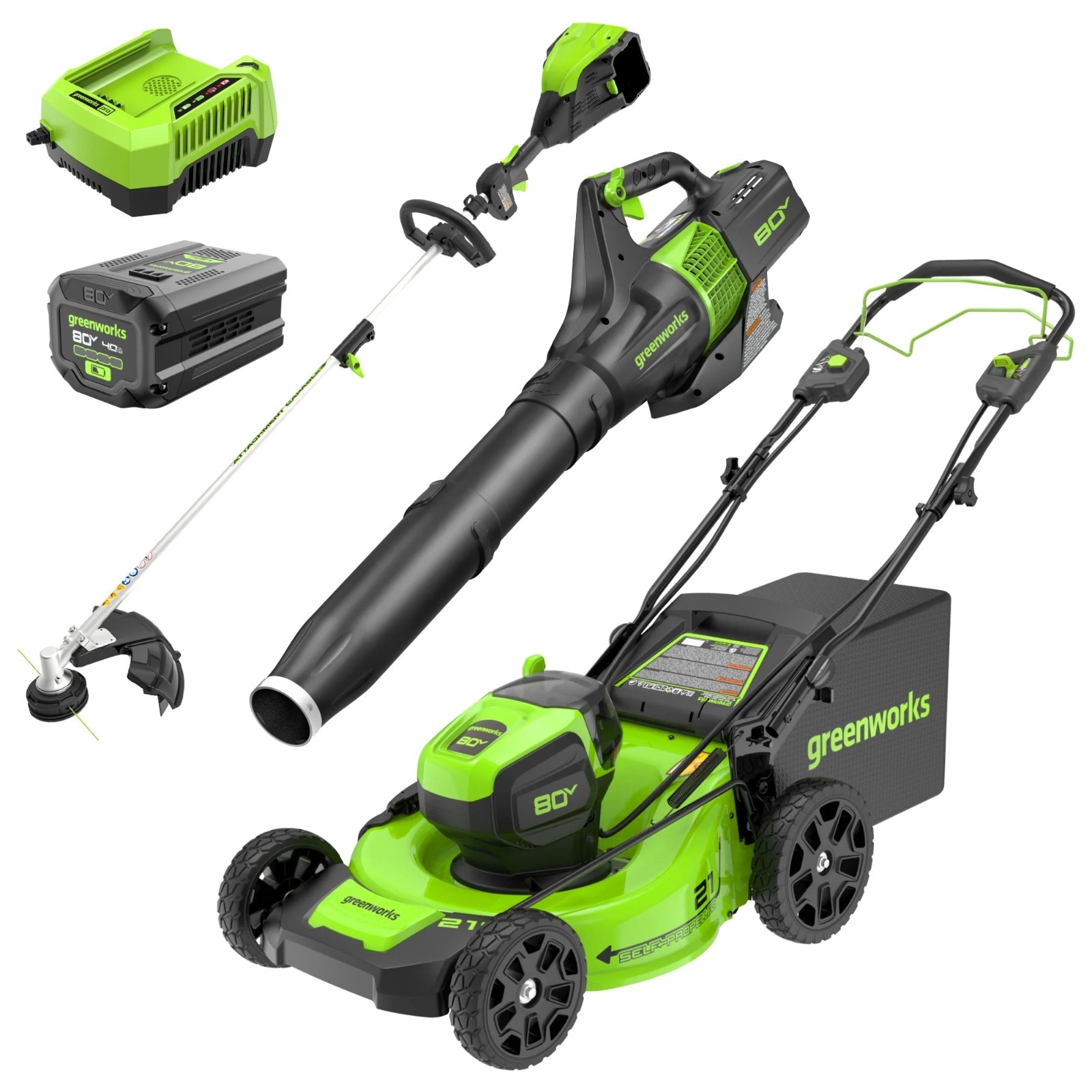 Greenworks 80V 21" Cordless Brushless  Mower w/16" String Trimmer&580 CFM Blower