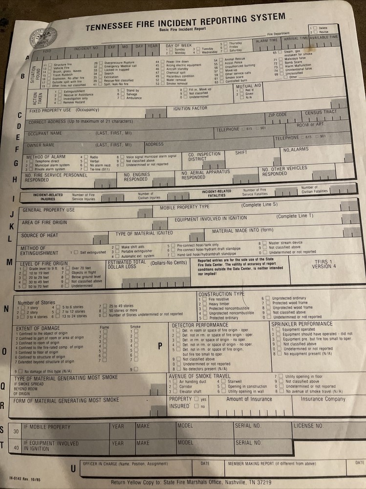 Vintage Tennessee Fire Incident Reporting System Form State Fire Marshall 1985