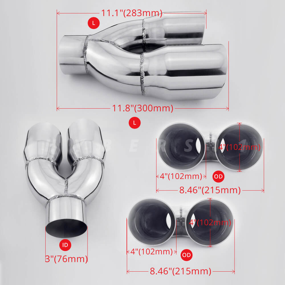 3" inlet QUAD 4" Staggered Out Dual Wall Exhaust Tips for Ford Mustang GT 5.0 V8