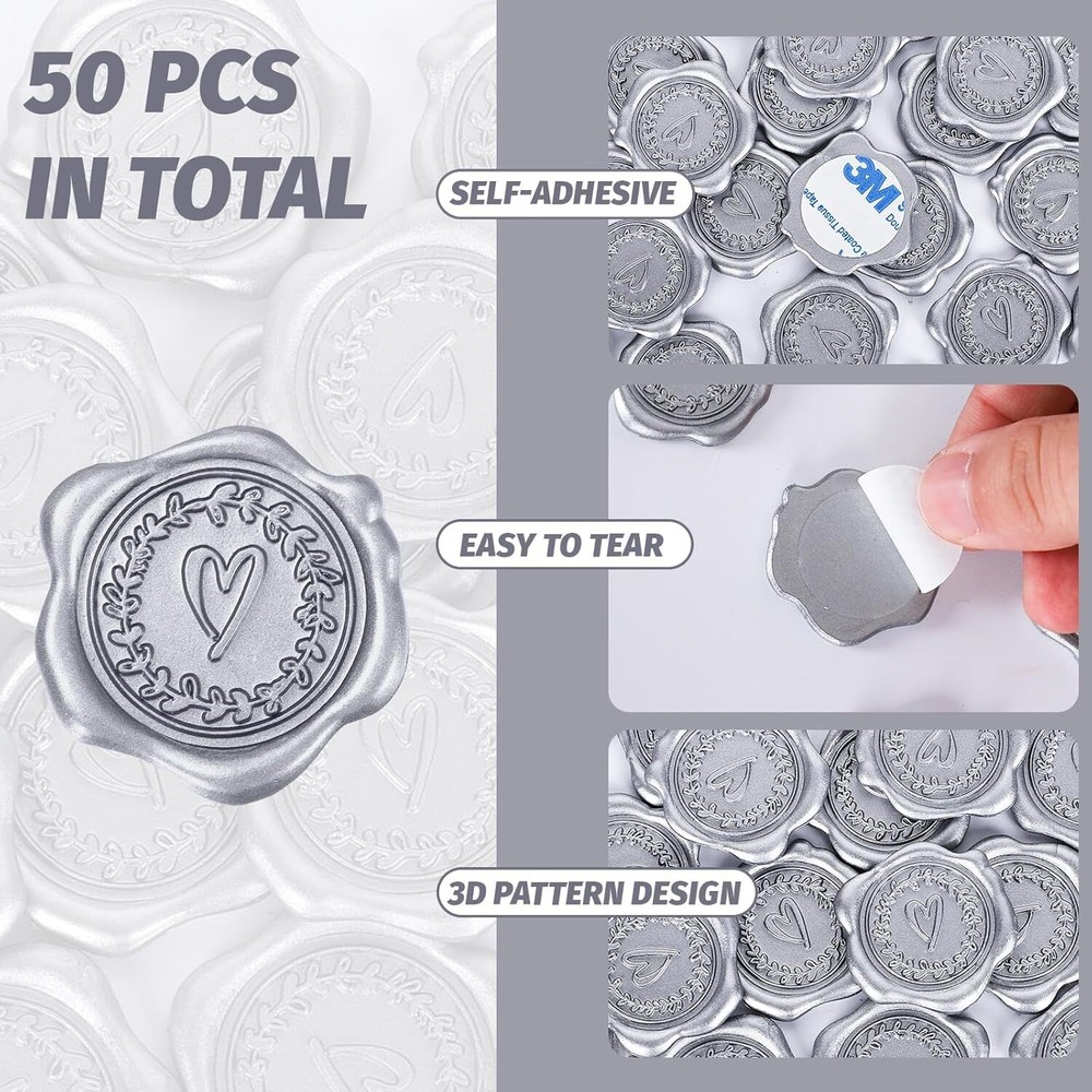 Whaline 50Pcs Embossed Wax Seal Stickers Silver Heart Pattern Envelope