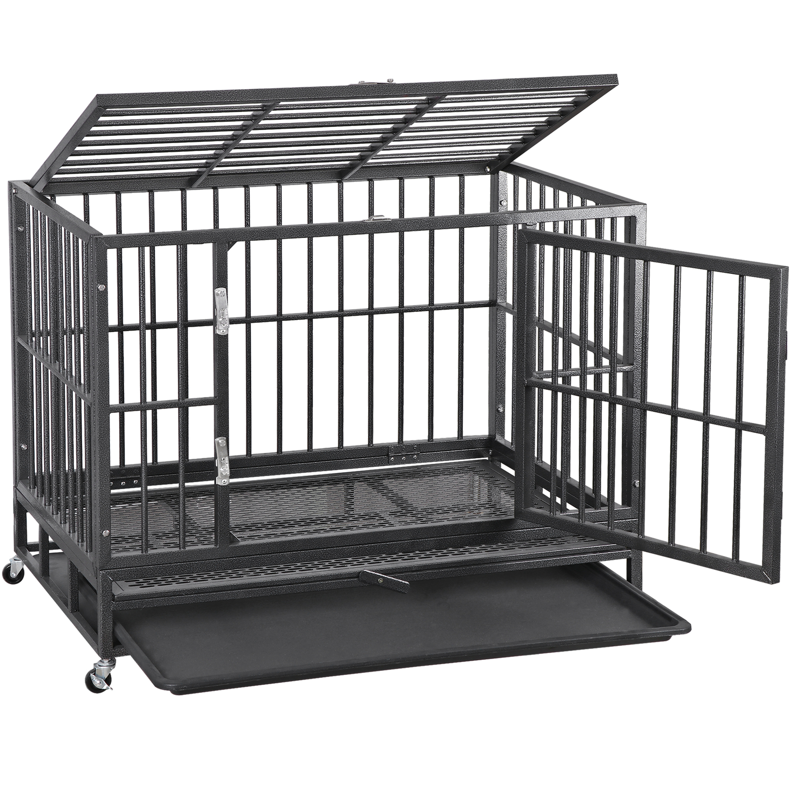 Heavy Duty Metal Dog Kennel Double Door Big Dog Cage w/ Removable Dog Crate Tray