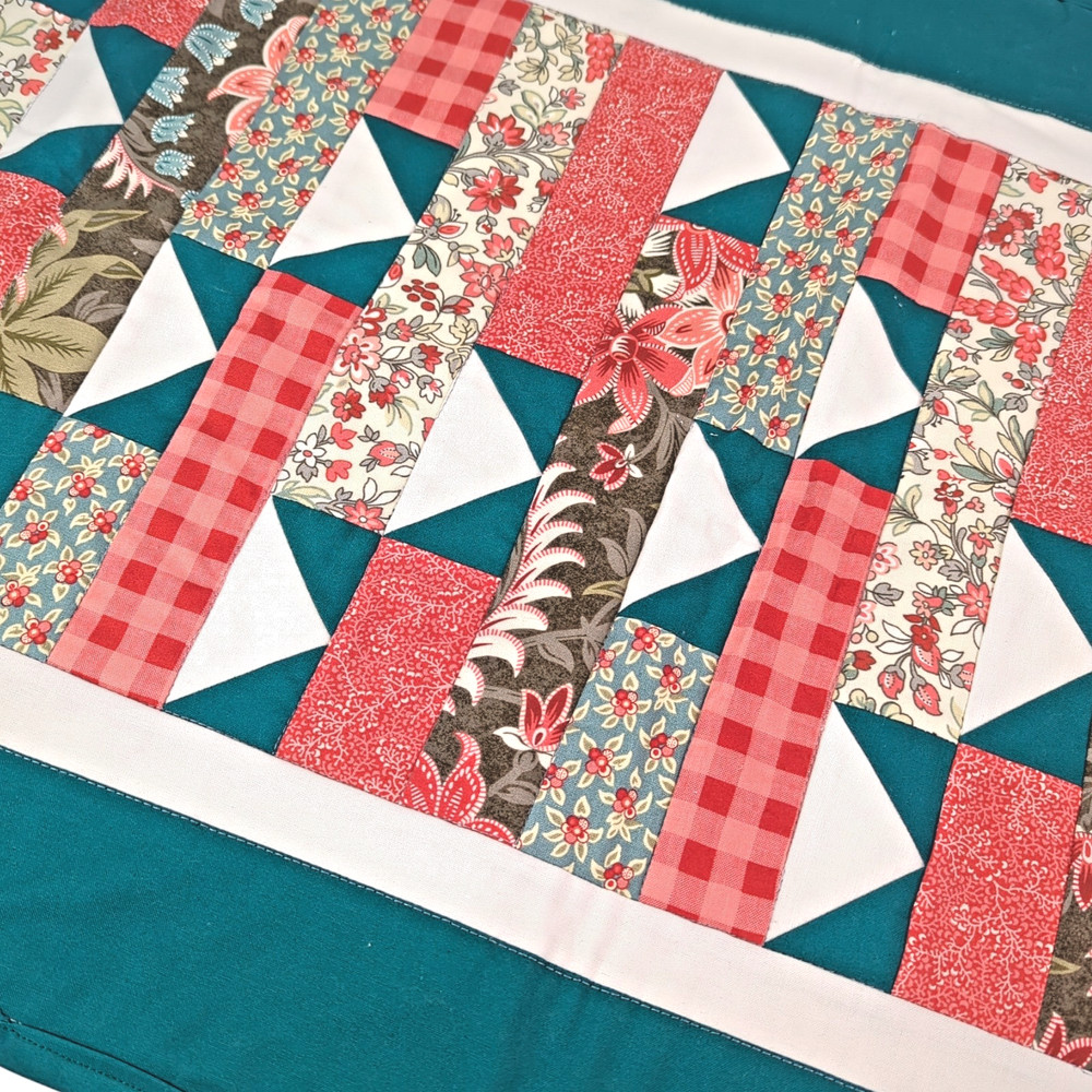 Handmade Patchwork Quilt Table Runner | Teal & Raspberry Pink Floral 44" x 19"