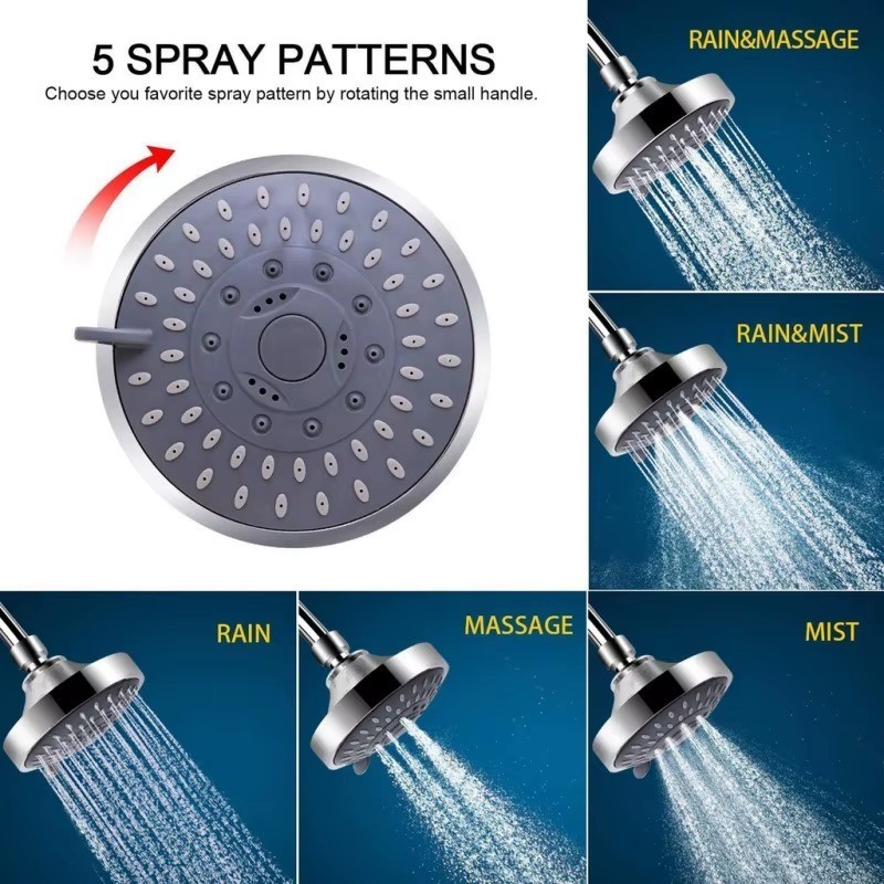 5-Mode High Pressure Shower Head 4" Adjustable Fixed Rainfall Sprayer Chrome