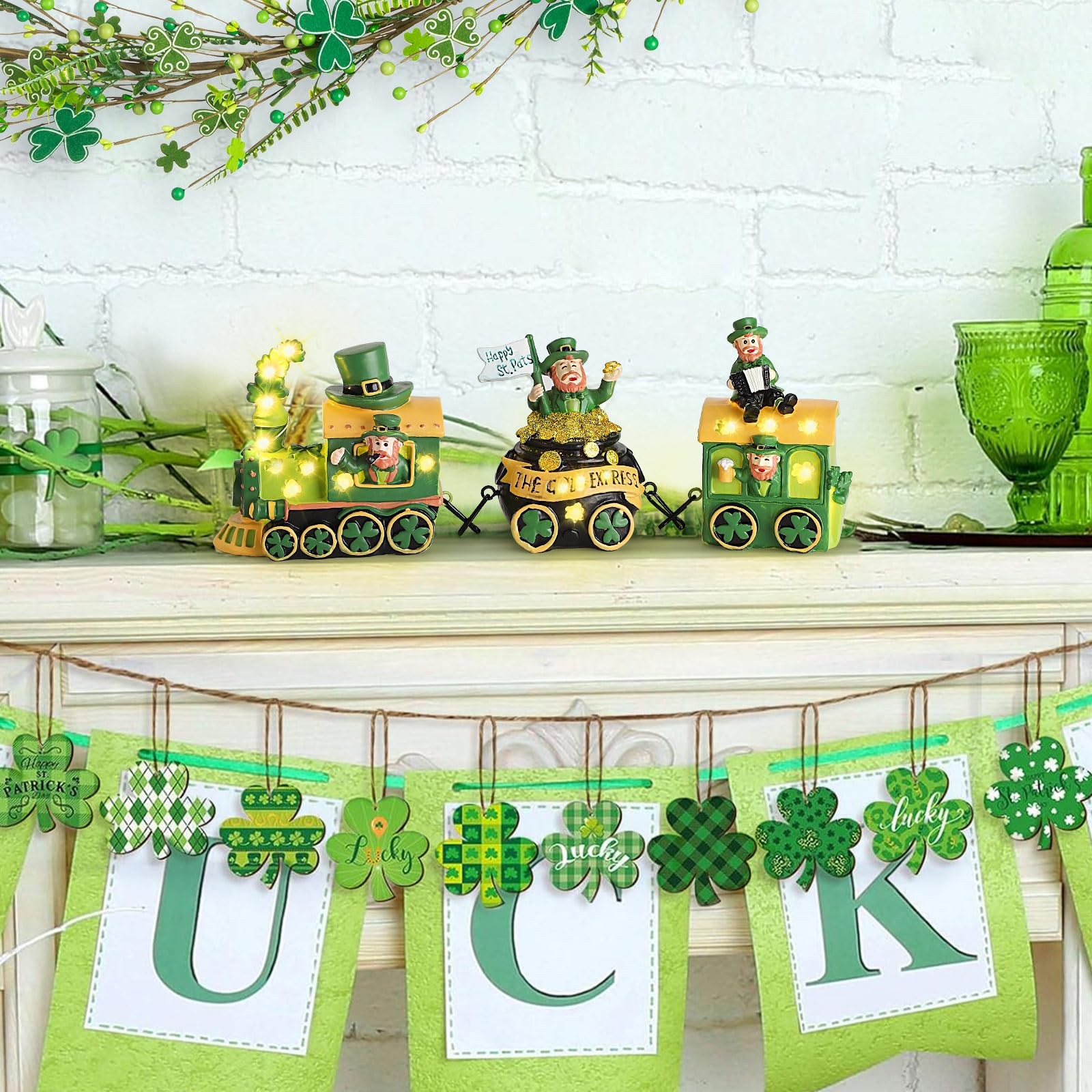 St Patricks Day Decorations Train for Home, Lighted Leprechaun Figurine Train...
