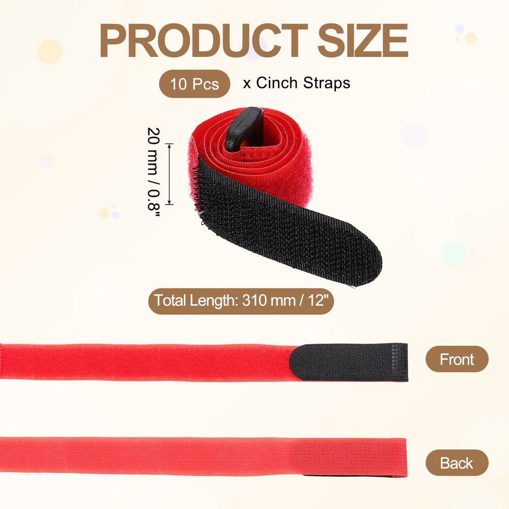 10pcs Reusable Cinch Straps 0.8"x12" Hook and Loop Cable Securing Straps, Red