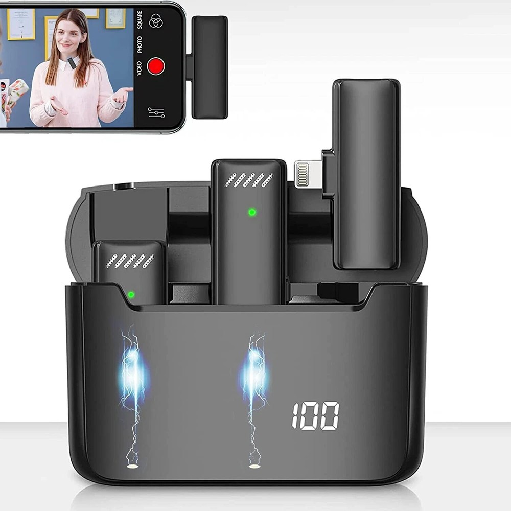 2 pc Professional Wireless Lavalier Microphone for iPhone iPad w/ Charging Case