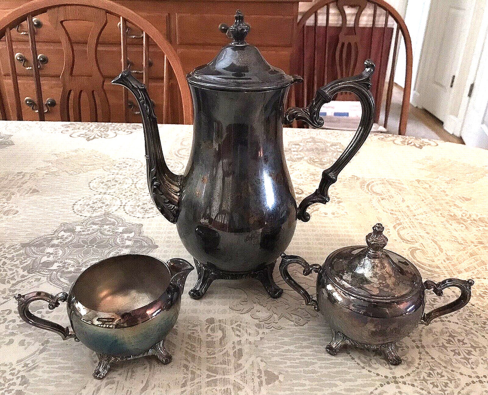 Vintage Wm Rogers Silverplate Coffee, Sugar & Cream Pitcher W/Original Labels