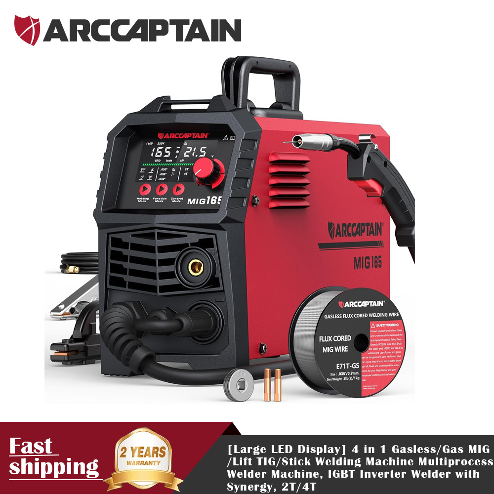 ARCCAPTAIN 165A MIG Welder Large LED Display 4 in 1 Gasless/Gas MIG/Lift TIG