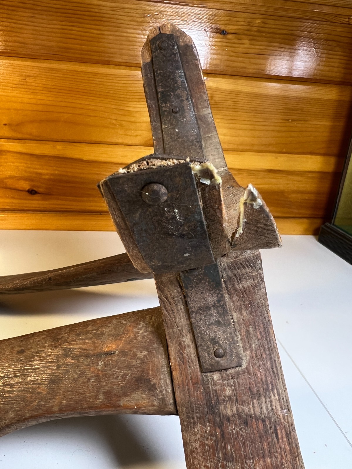 Antique 1880 Hand Made Wooden Saddle Stand Holder Blacksmith Peened Wrought Iron