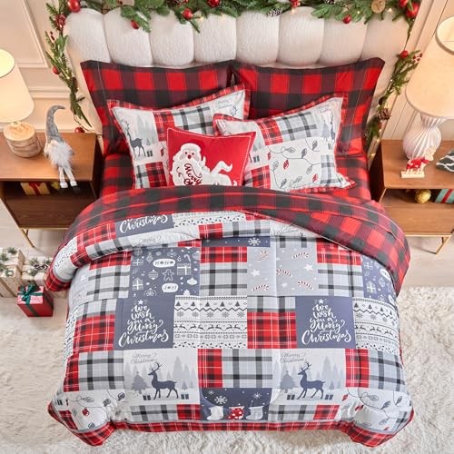 Christmas 7 Pieces Queen Comforter Sheet Set Patchwork Queen-7pieces Gray-red