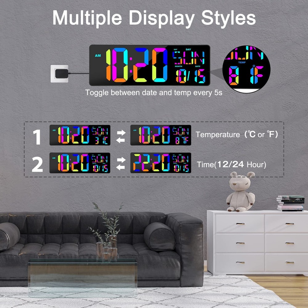 XREXS Large Digital Wall Clock with Remote Control, 17 Inch LED Large Display...