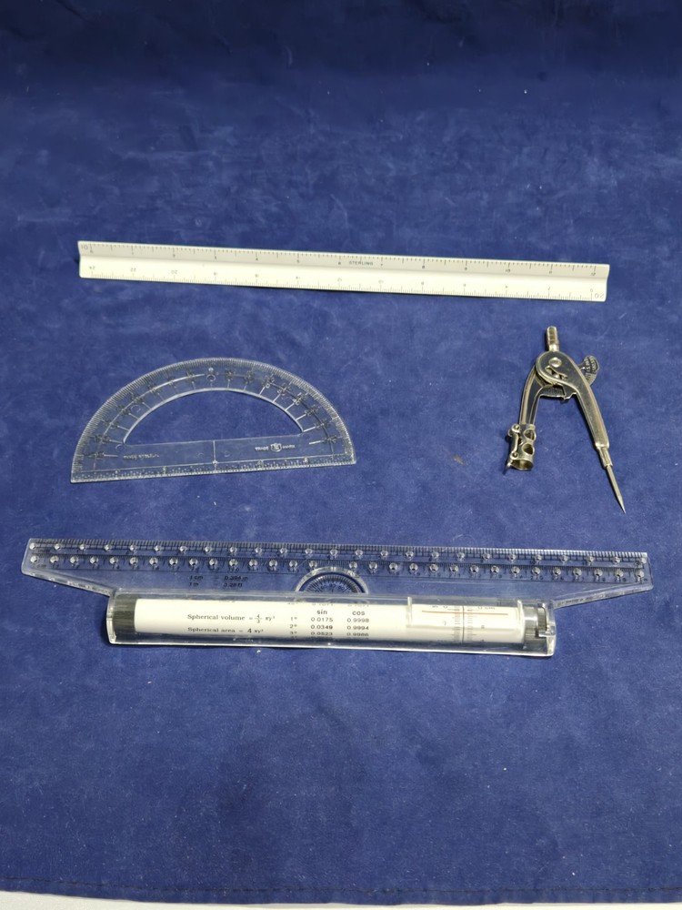4 Piece Math Set, Measuring Devices, Sterling 3 Sided Ruler, Compass ~ A2104