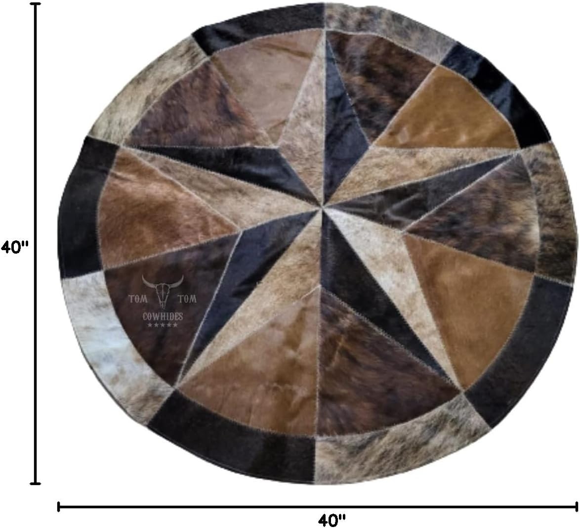 Cowhides Rug Leather Star Cow Hide Patchwork Area Round Carpet 40, Brown