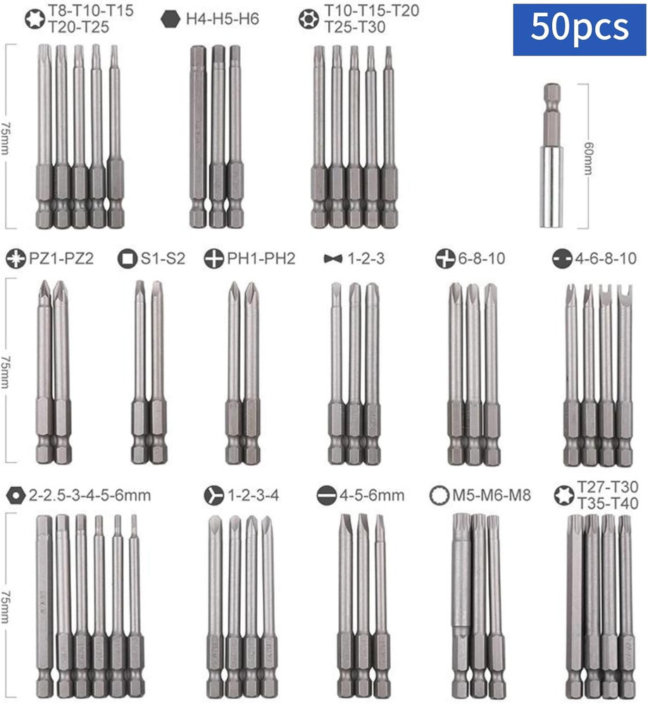 50Pcs Extra Long Security Bit Set,Screwdriver Bit Set, Extra Long Magnetic Drive
