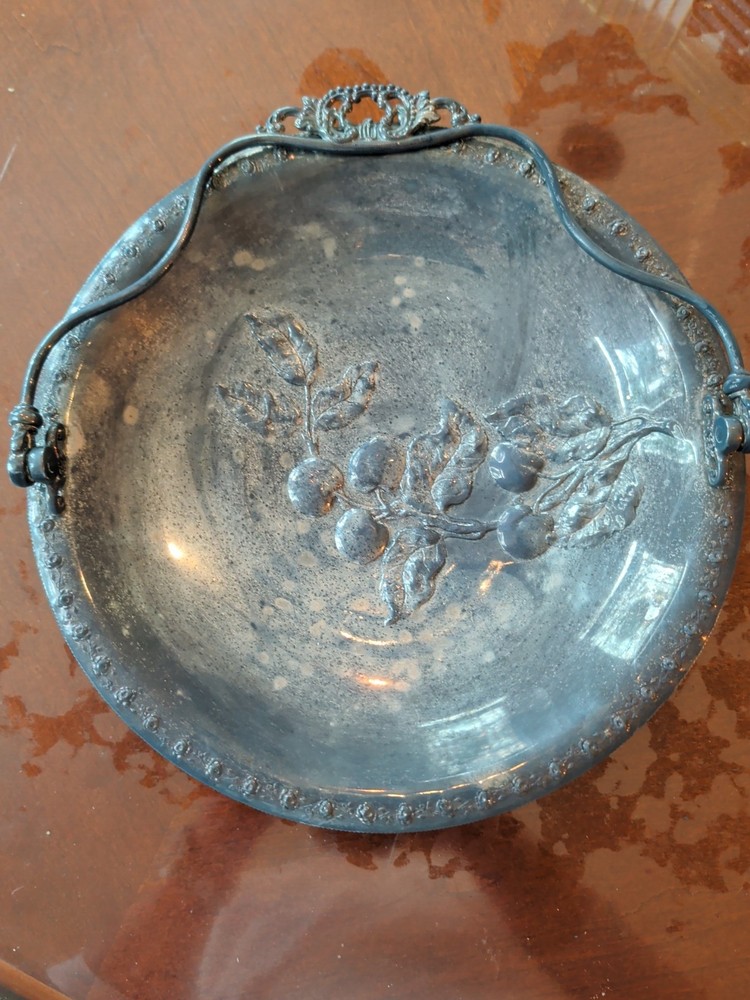Vintage Antique Silver Brides Tray With Handle Embossed Grape Pattern