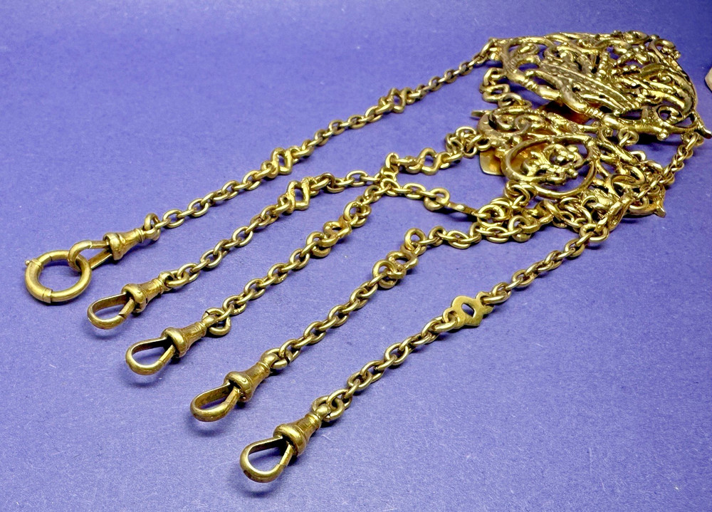 EXCELLENT VICTORIAN 5 STRAND SOLID SILVER GILT CHATELAINE BY HENRY MATTHEWS 1900