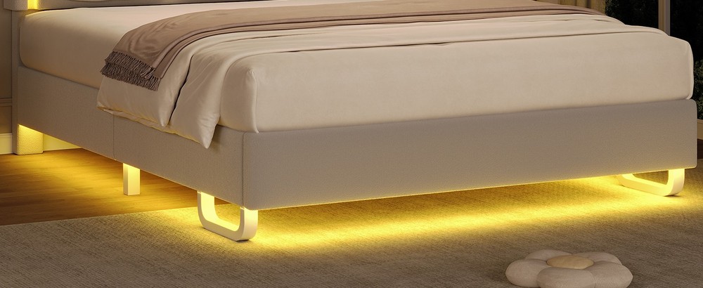 Easy Assembly Upholstered Beige Bed Adjustable Headboad With LED Light