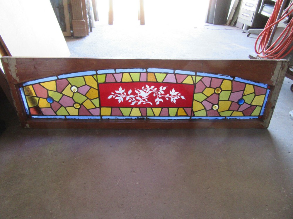 ~ ANTIQUE STAINED GLASS TRANSOM WINDOW RUBY FLASH BIRD ~ 67 X 19 ~ SALVAGE