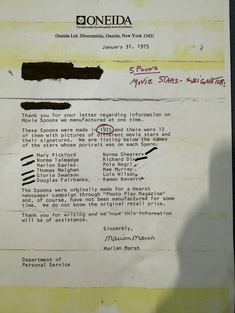 Oneida Silent Movie Star Signature 6" Tea Spoons Par Plate 1920s Era LOT of 7