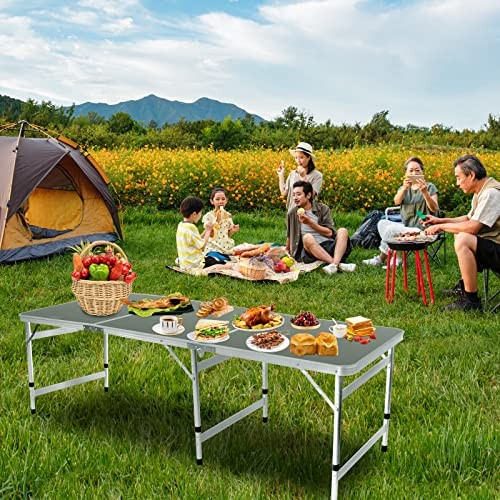 Camping Table Folding Table Large 3 Adjustable Height Portable 6FT Black