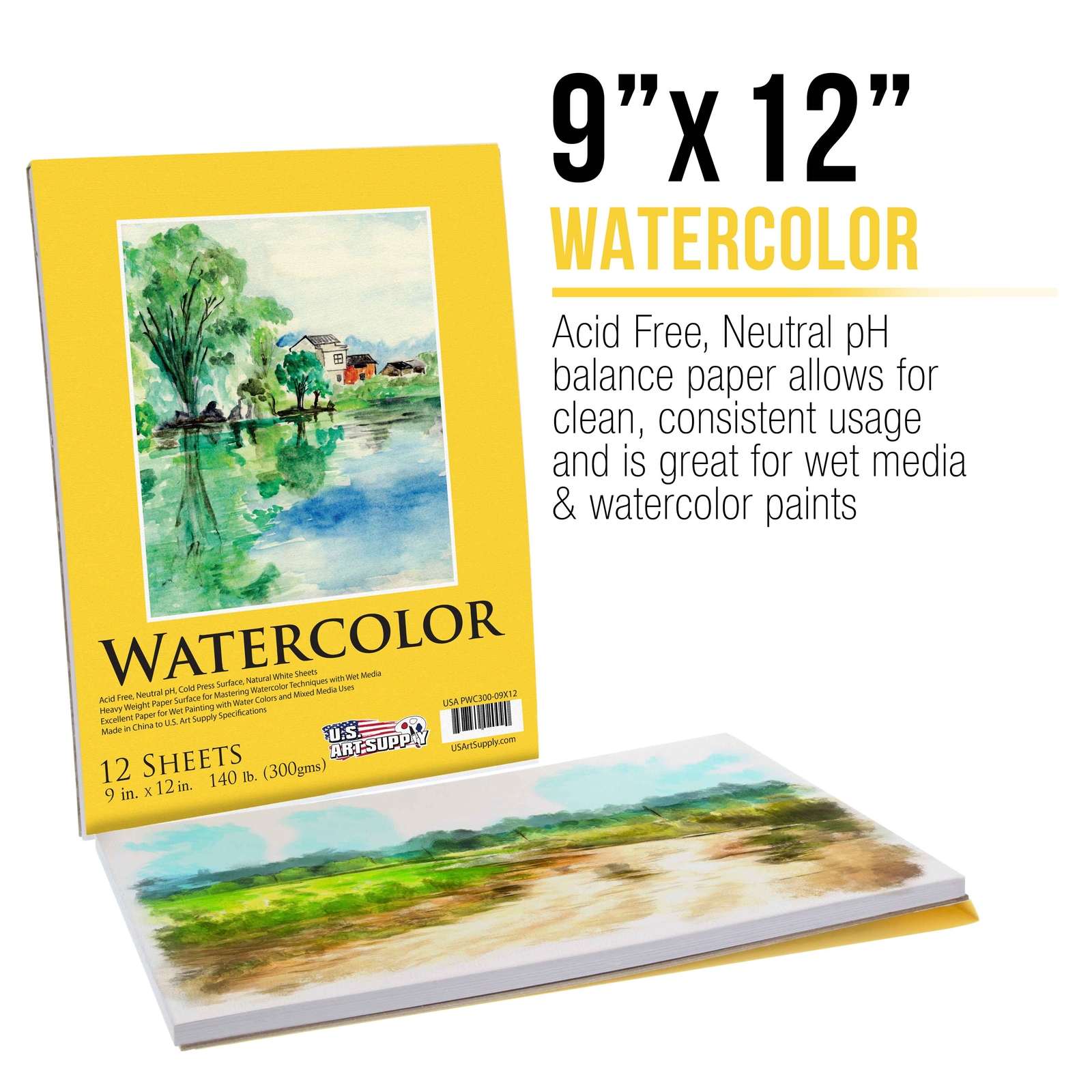 9" x 12" Watercolor Painting Paper Pads, 2 Pads, 12 Sheets Each, 140lb 300gsm