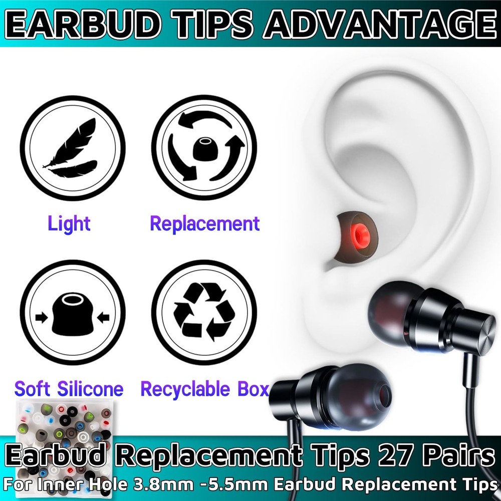 54Pcs Earbud Replacement Tips，Ear Bud Rubber Tips Silicone Earbud Tips Ea