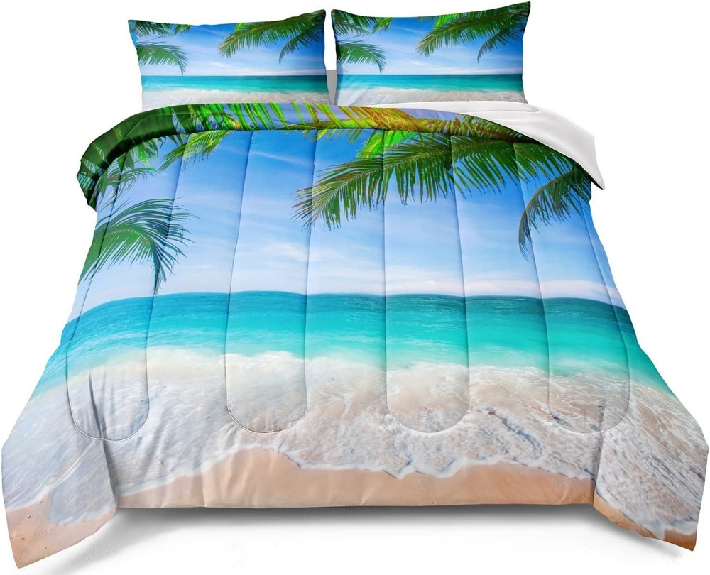 Ocean Comforter Set Queen Size Beach Bedding Set Tropical Palm Tree Ha...