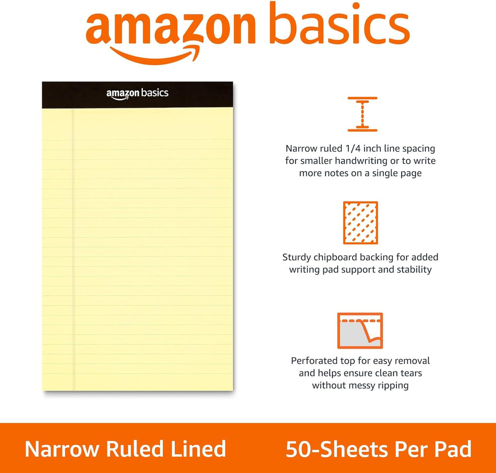 Amazon Basics 50 sheet Narrow Ruled Lined Writing Note Pad, 5 inch x 8 inch