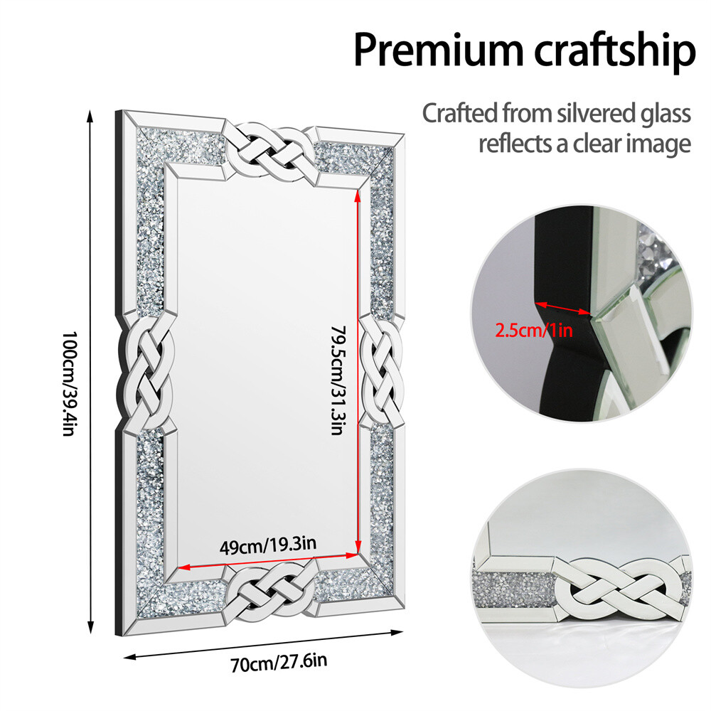 Decor Wall Mirror Luxury Crystal Accented Rectangular Large Art Mirror Silver