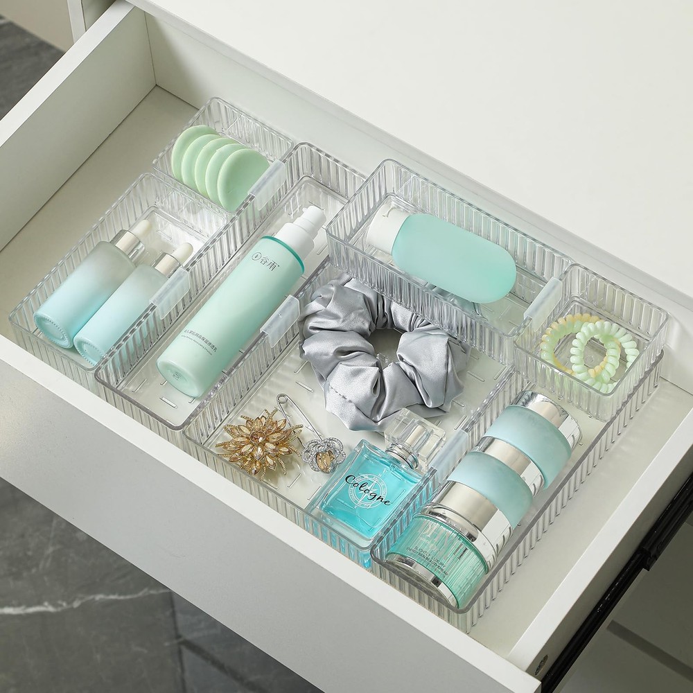 7 Pc Clear Drawer Organizer Bins, 4-Size, Stackable, Buckles, Makeup, Vanity