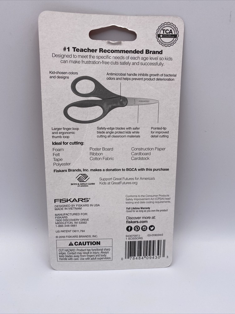 FISKARS POINTED-TIP 5" SAFETY EDGE SCISSORS - RED - AGES 4+