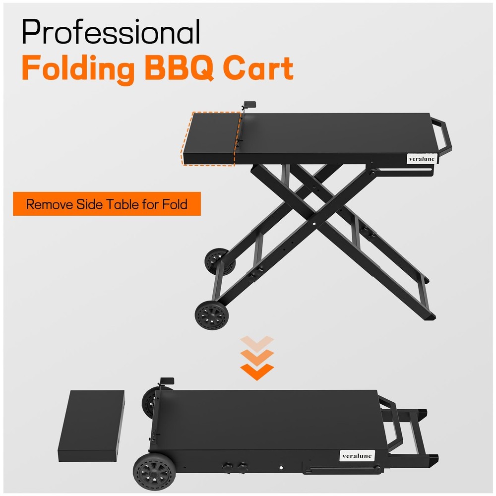 Folding Grill Table, Outdoor Prep Table with 2 Wheels, Adjustable Height Port...