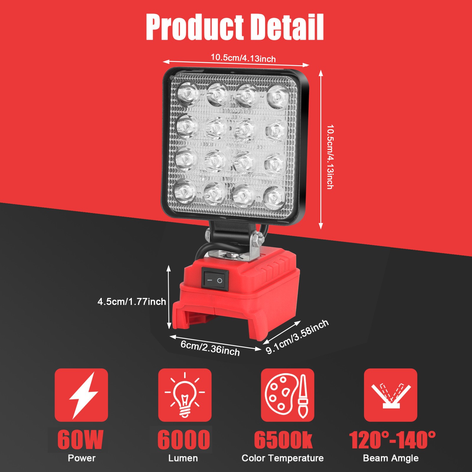 2 Pack 60W LED Work Light for Milwaukee 18V M-18 Battery with USB Output